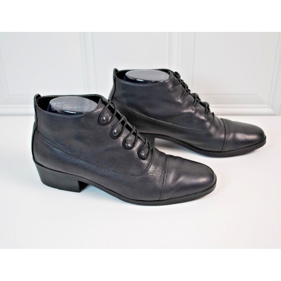 Nicole Bonsai Black Leather Ankle Boots Button & Loop Granny Boots 8.5M US - Picture 1 of 8